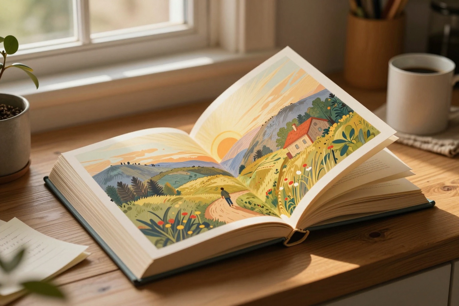 An open storybook on a kitchen table, its pages turning into a small painted landscape