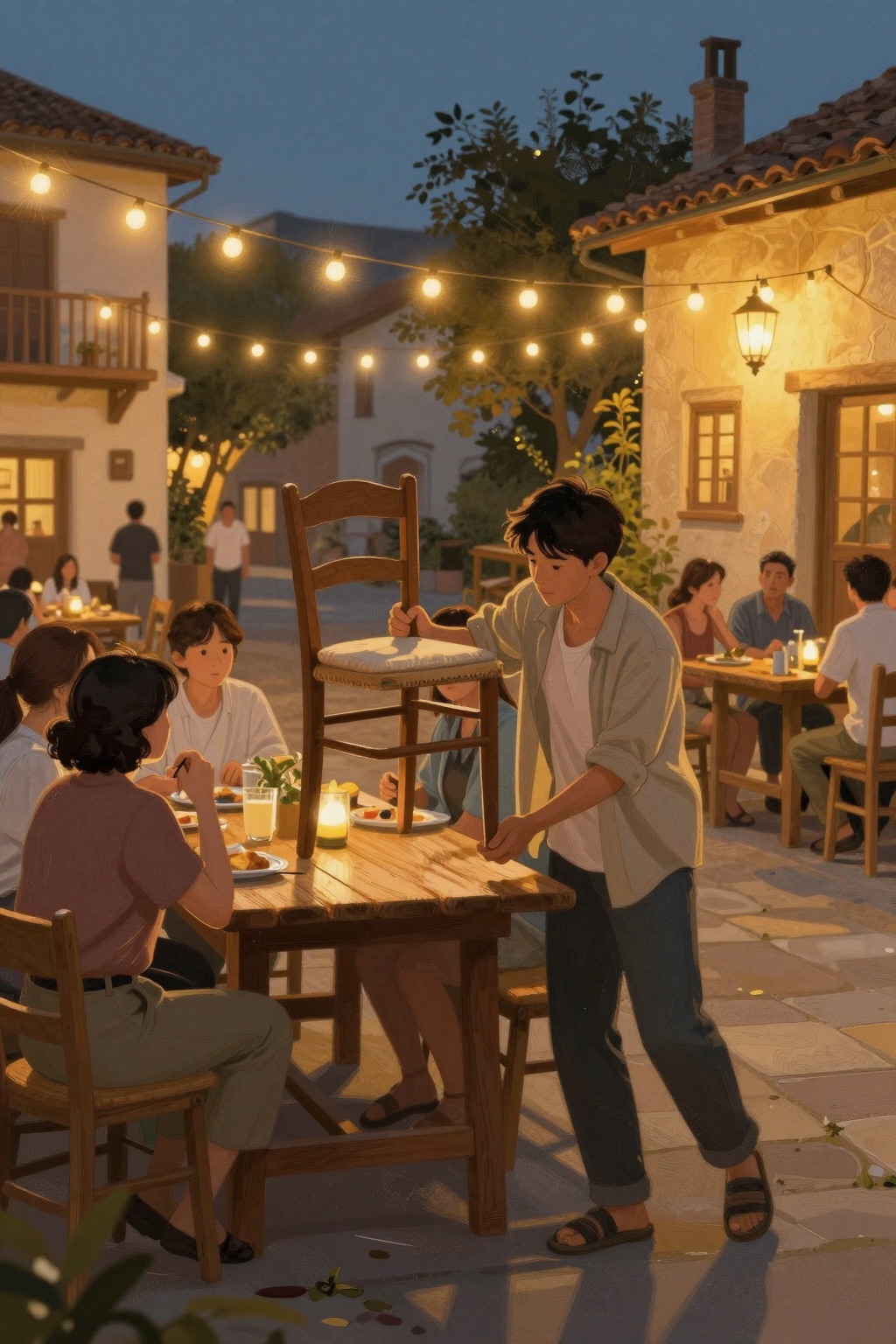 A young man pulling out a chair at a long table in a lantern-lit square