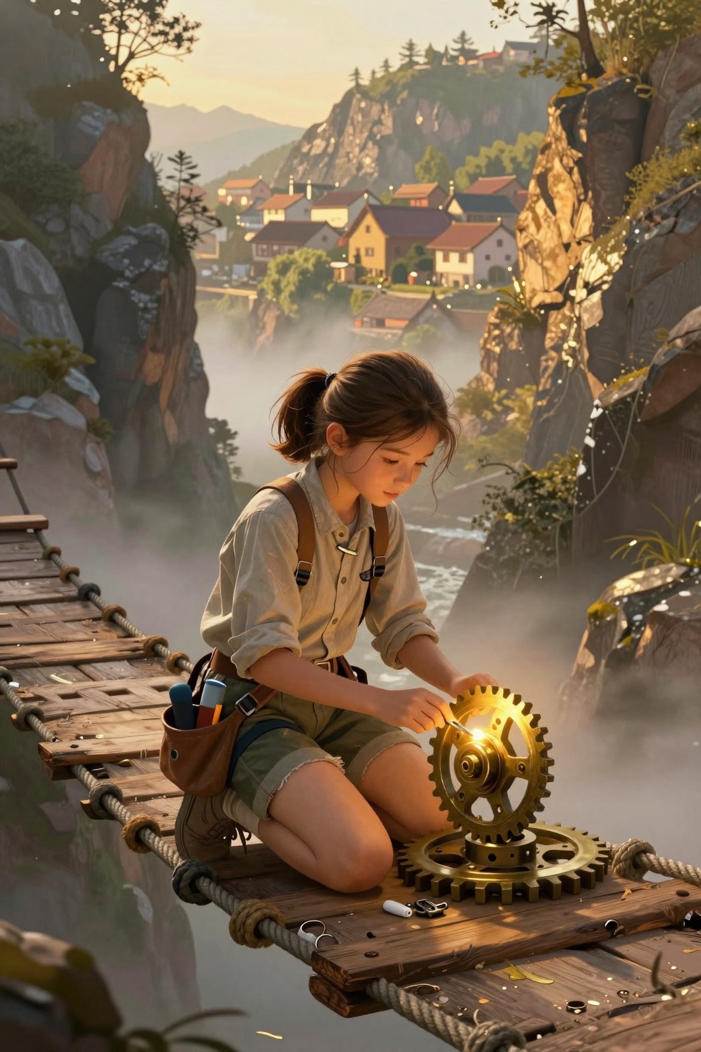 A teenage girl with a tool belt repairing a glowing gear on a rope bridge