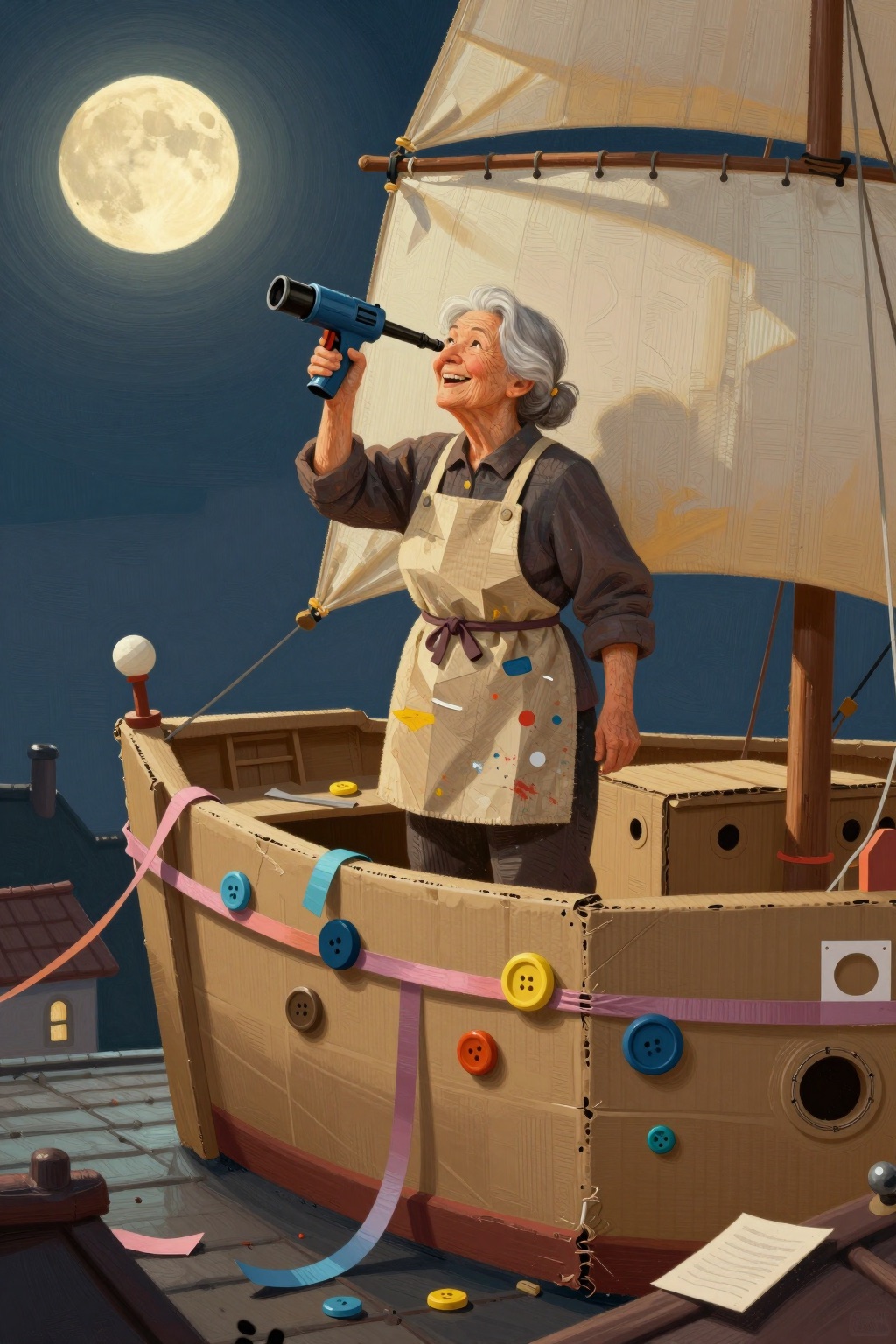 A grandmother captaining a ship made of cardboard over moonlit rooftops