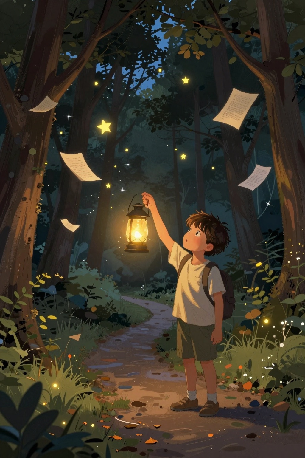 A boy holding a glowing lantern in a twilight forest of drifting pages