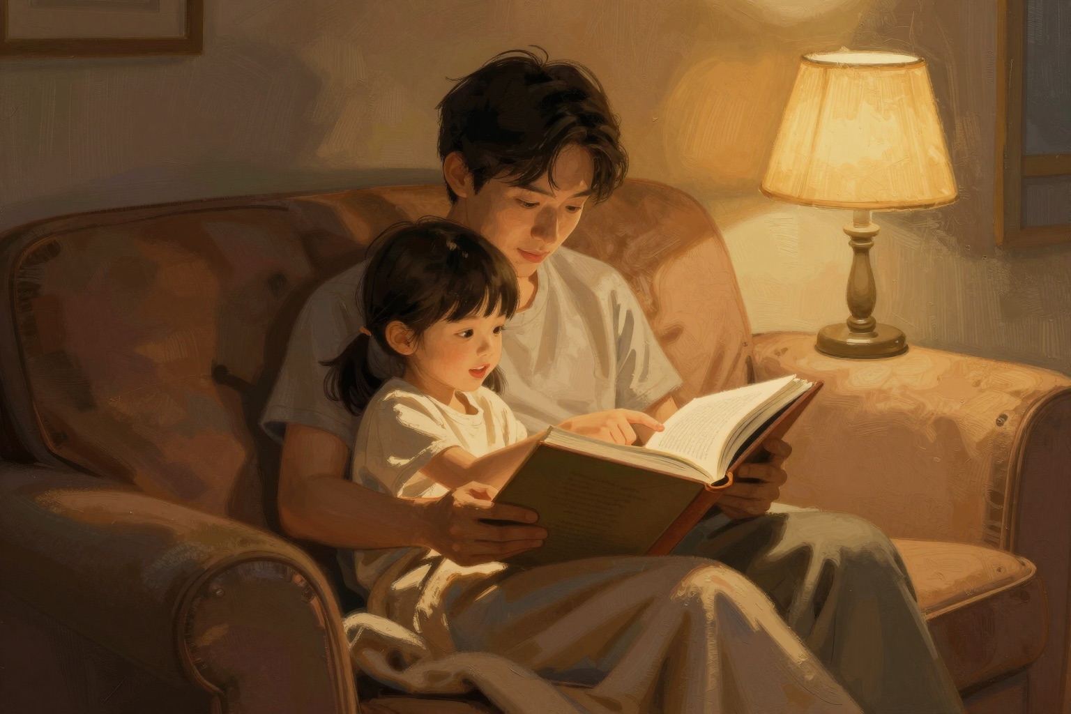 A parent and a young child reading a storybook together on a couch by lamplight